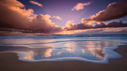 A beach with a sunset and clouds in the sky, AI