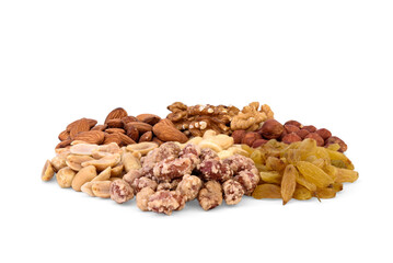 Pile of mixed nuts isolated on white background.