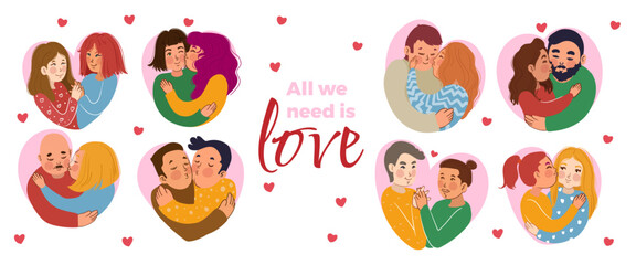 Vector couples kissing and smooching in a shape of the heart. Love bundle illustrations for icons, cards and print projects.