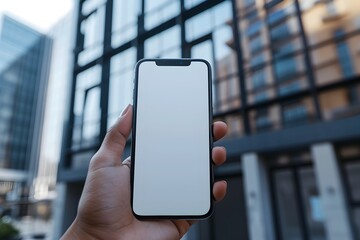 Photo of a hand holding a modern mobile phone with a white screen for your design, with a city street in the background