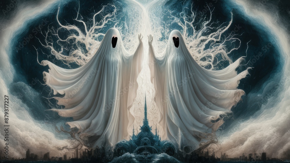 Canvas Prints two ghostly figures with glowing eyes and a heart in the middle, ai