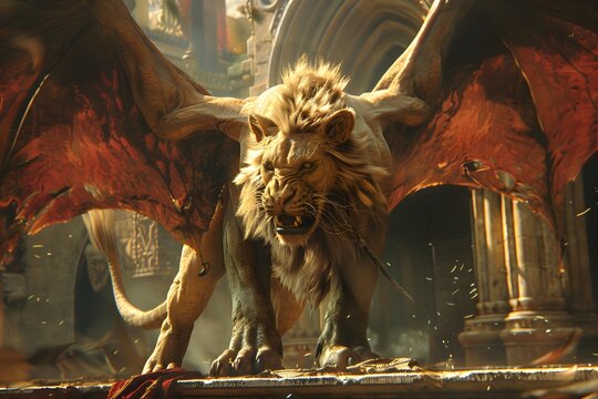 The majestic roaring appearance of the manticore, an imaginary animal with the body and head of a male lion and large wings.
