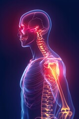 Digital illustration of an X-ray of the spine showing painful and reddened areas of bones or joints on the side of a person's torso