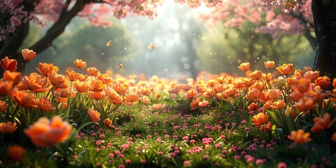 A bright spring garden filled with bright flowers and the rejuvenating energy of nature