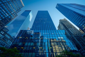 A view of the sky while looking up at a tall building made entirely of glass in the middle of a forest of buildings in a large city.