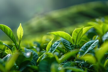 Obraz premium A close-up photo of fresh green tea leaves on a clear, sunny day.