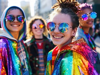 group of young LGBTQ teen mix gender ethnicity lively active together fun laugh smiling joyful cheerful, colorful people rainbow theme, fashionable hair style with sunglasses.