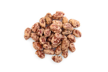 Roasted peanuts with frosting isolated on white background.