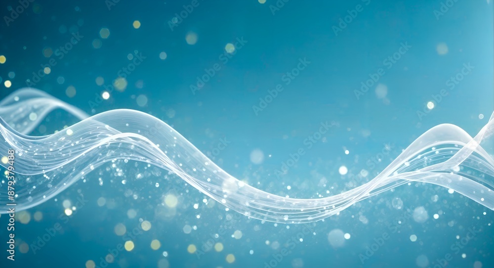 Poster digital illustration of abstract white waves on a light blue background with floating particles, sug