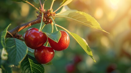Obraz premium Fresh Dew-Dotted Cherries Hanging On Sunlit Branch Among Vibrant Green Leaves Creating A Bright Natural Orchard Scene With Warm Light