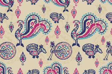 Naklejka premium Folk art ethnic oriental sarong saree ikat seamless pattern traditional background. vector design for folk art fashion, ikat folk fabric, wallpaper and all prints color. carpet,wallpaper,clothing,wrap