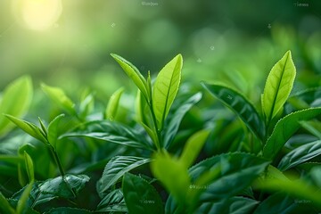A close-up photo of fresh green tea leaves on a clear, sunny day.