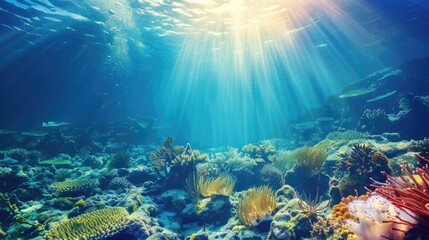 Fototapeta premium An underwater coral reef scene with colorful fish under sunlight