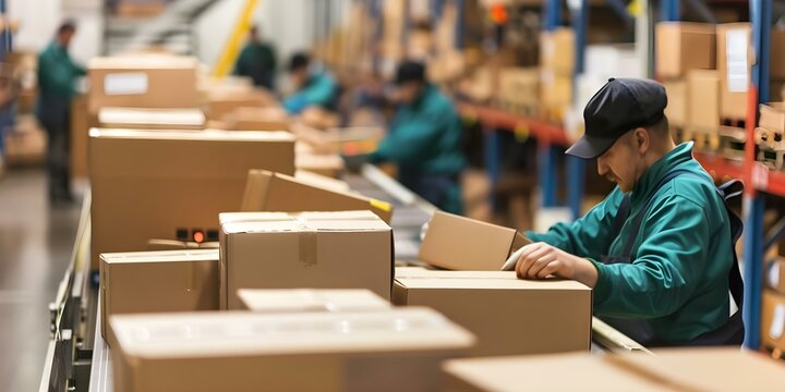 Workers processing boxes in warehouse for importexport and drop shipping business. Concept Warehouse Operations, Import/Export, Drop Shipping, Logistics Management, Industrial Labor
