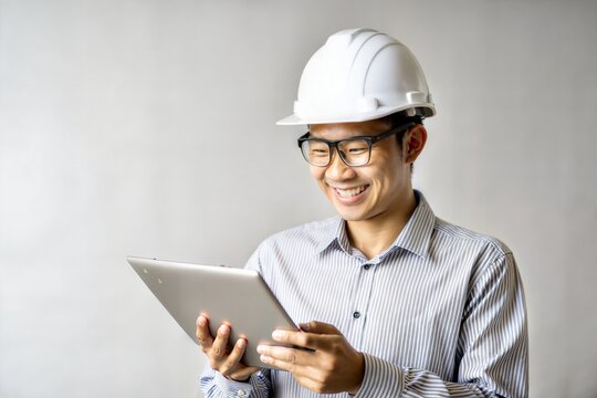 Smiling Asian Engineer Using Tablet for Project Management	
