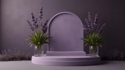 Decorative podium with floral accents in soothing purple hues, ideal for highlighting products in a natural environment.