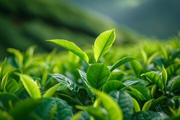 A close-up photo of fresh green tea leaves on a clear, sunny day.