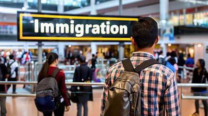Male traveler at an airport immigration checkpoint. immigration issues concept.