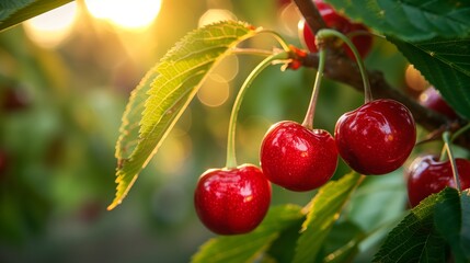 Obraz premium Ripe Orchard Cherries Covered In Dew Hanging Under Warm Sunlight Surrounded By Green Leaves Creating A Peaceful Fresh Natural Scene