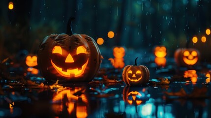 Glowing Halloween pumpkin lanterns in the dark, serving as spooky autumn decorations for holiday celebrations.