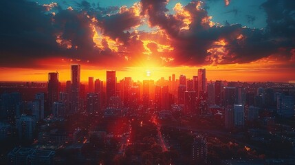 Obraz premium A visually stunning urban skyline at sunset, highlighting sleek skyscrapers against a fiery orange sky.