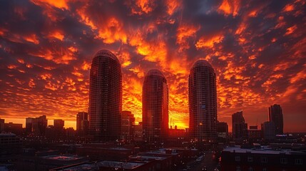 Obraz premium A visually stunning urban skyline at sunset, highlighting sleek skyscrapers against a fiery orange sky.