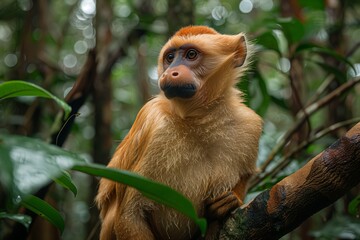 Obraz premium Proboscis Monkey in Borneo- A proboscis monkey sits on a tree branch high above the forest floor in Borneo