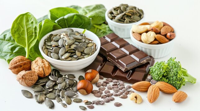 Healthy foods rich in magnesium on a white background. Nuts, seeds, leafy greens, and dark chocolate for heart health.