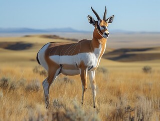 Fototapeta premium Pronghorn in the Prairie- A pronghorn antelope stands alert in the wide-open prairies of North America