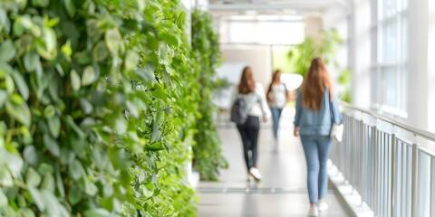 Contemporary university interior with biophilic design greenery busy students and faculty. Concept University Interior Design, Biophilic Greenery, Busy Students, Faculty, Contemporary Decor