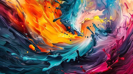 A whirlwind of vibrant hues dances across a textured canvas, merging with playful liquid swirls to create an enchanting visual spectacle.
