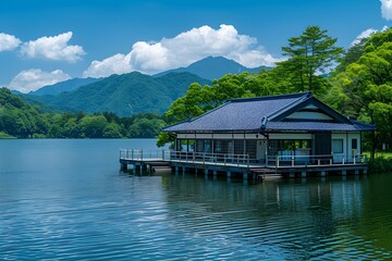 It is a neat water pension built in Asian style with a walkway connected to the land on a large lake.