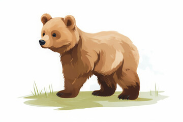 Fototapeta premium Adorable Brown Bear Cub Standing on Grass with a Curious Expression Against a White Background