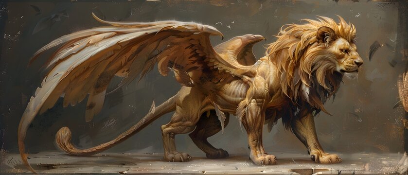 The majestic appearance of the manticore, an imaginary animal with the body and head of a male lion and large wings.