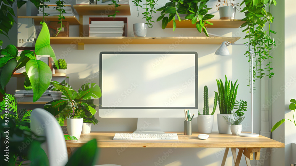 Wall mural stylish green interior. a mockup of a modern stylish computer monitor with a wireless keyboard and m