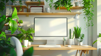 Stylish green interior. A mockup of a modern stylish computer monitor with a wireless keyboard and mouse. There is a computer with a lamp on a wooden table