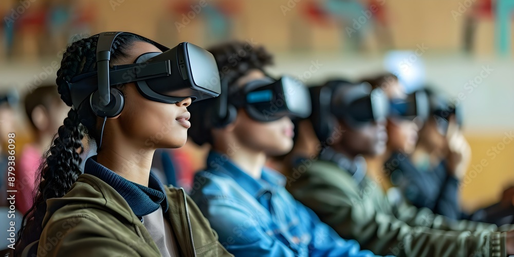 Poster students in class using vr headsets for immersive learning experience. concept immersive learning, v