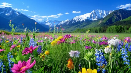 Fototapeta premium A field of vibrant wildflowers with mountains in the background.