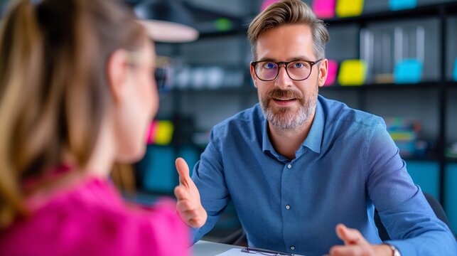 A manager discussing performance with an employee during a one-on-one meeting.