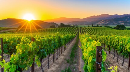 Naklejka premium A picturesque vineyard with rows of grapevines and a setting sun.