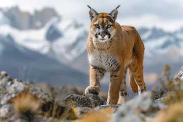Obraz premium Puma in the Andes- A sleek puma prowls along a rocky ridge in the Andes Mountains