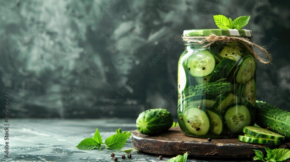 Poster Homemade pickled cucumbers in a jar with room for text