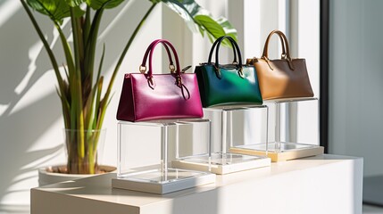 Clear, acrylic bag stand with an adjustable height feature, perfect for displaying various bag sizes.