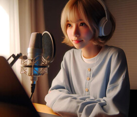 ポッドキャストを録音する美少女