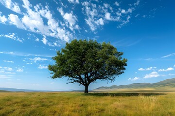 Obraz premium Lone Tree Standing Tall in a Vast Open Field Under a Clear Blue Sky
