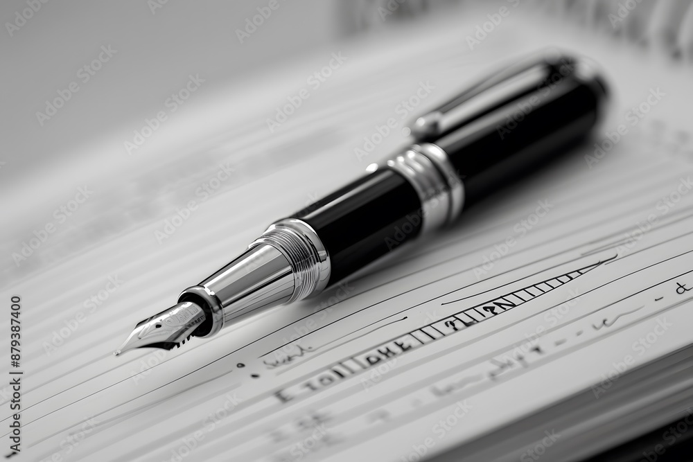 Poster elegant fountain pen resting on an open notebook with handwritten notes