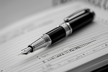 Fototapeta premium Elegant Fountain Pen Resting on an Open Notebook with Handwritten Notes