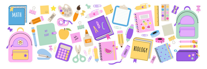 Big set of school supplies. Back to school. Backpack, books, pen, pencil, ruler, pencil box, paints. Suitable for prints, cards, scrapbooking, paper crafts. Vector illustration in a flat style.