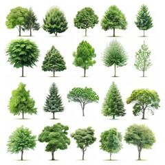 Collection of 20 different tree species isolated on white background. Perfect for landscaping, design, and environmental projects.