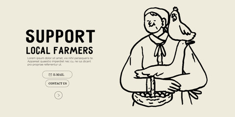Elderly farmer feeding hen and goose concept. Granny hold chicken and basket with eggs. Countryside agriculture, farmer eco products. Charcoal ink chalk crayon vector illustration. Eat local concept.
